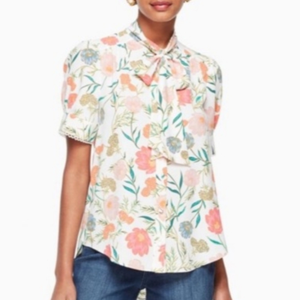 Kate Spade Picnic Perfect Blossom Floral Tie Neck Women's Blouse Top Size Small
